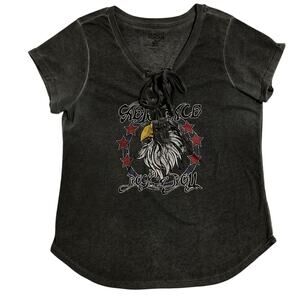 Almost‎ Famous Lace Up T-Shirt Women's XL Gray Short Sleeve Eagle Rock n Roll